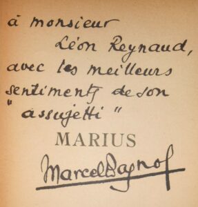 Pagnol. Marius-Fanny-César. Author's dedication.