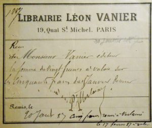 Verlaine. Reçu signé d'une avance consentie par Vanier.